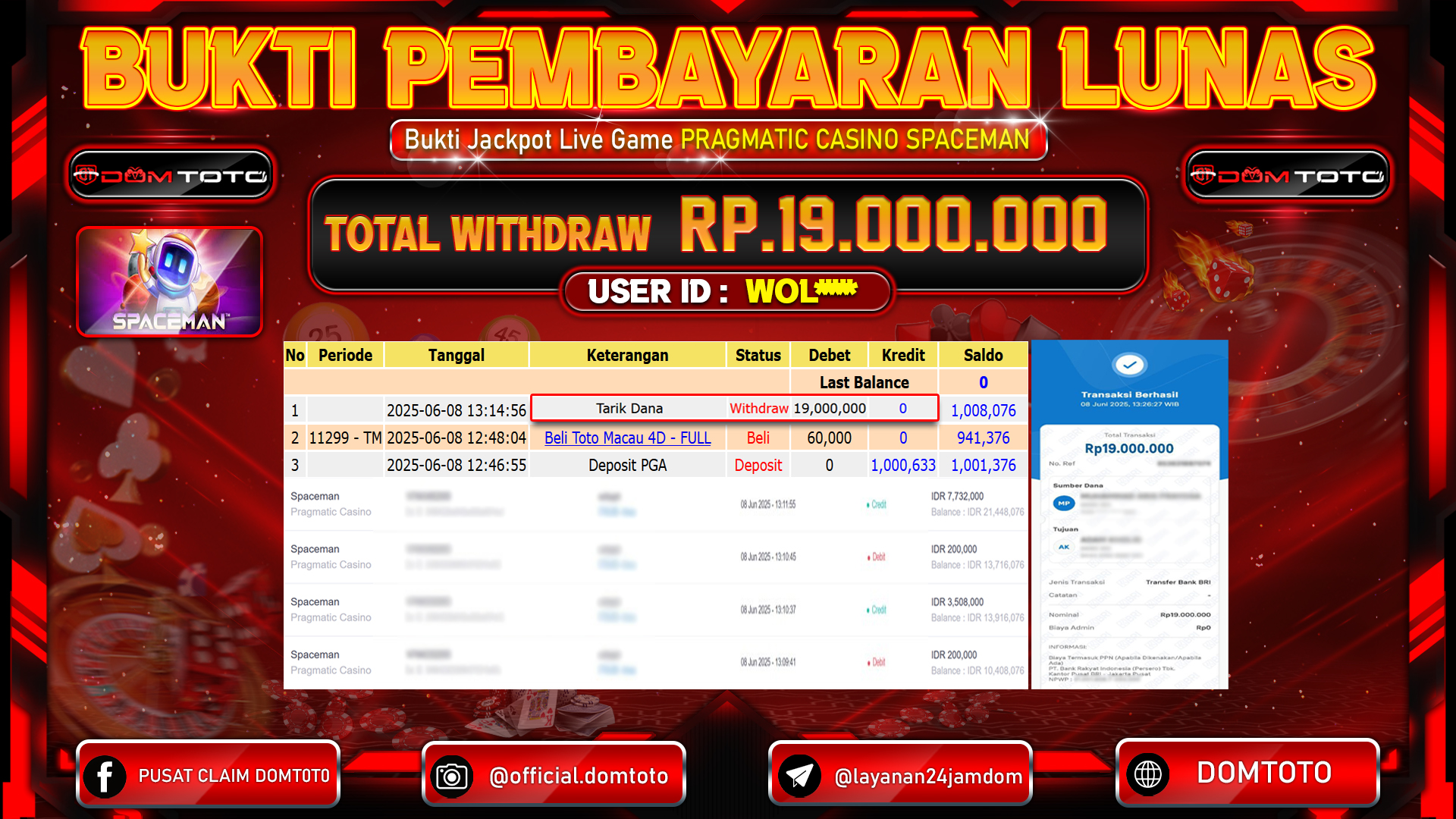 JACKPOT LIVE GAME CASINO SPACEMAN 09 JUNI 2025